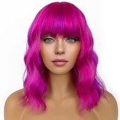 levne Syntetické trendy paruky-krátké bobové paruky s ofinou pro ženy volná vlnitá paruka kudrnatá vlnitá délka po ramena bob syntetická cosplay paruka pro dívky barevné kostýmní paruky