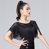 billiga Danskläder till latindans-latin dans activewear topp spets fransar tofs ruching kvinnors prestationsträning kortärmad hög polyester