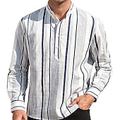 preiswerte Herrenhemd zum Knöpfen-Herren Hemd Hemd mit chinesischem Kragen Hemd mit Stehkragen Popover-Hemd Sommerhemd Freizeithemd Schwarzgrau Blau Staubiges Blau Grün Langarm Gestreift Schwarz &amp; Weiß Kragen Lässig Täglich