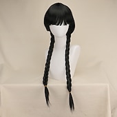 baratos Perucas de personagens de filmes-Perucas Wednesday Addams Longa Peruca Trançada Preta Cabelo Natural Macio com Touca de Peruca Tranças Perucas Sintéticas para Festa Cosplay Perucas Halloween