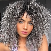 economico Parrucche trendy sintetiche-parrucche ricci per donne nere - parrucca riccia afro crespa con frangia biondo bicolore misto marrone colore parrucche sintetiche resistenti al calore parrucche per feste di Natale