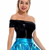 cheap Tops-Metallic 1980s Shiny Latex Patent Crop Top PU Leather Off Shoulder Women&#039;s Carnival Costume Masquerade Party Bachelorette Party Pride Parade Adults&#039; Top