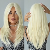 voordelige Synthetische trendy pruiken-lange 613 blonde pruik met pony rechte pruiken voor vrouwenhittebestendige gelaagde synthetische pruiken voor dagelijks gebruik
