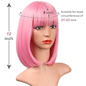 billige Syntetiske trendy parykker-rosa bob parykker med smell 12 tommer korte rett bob parykker fargerik syntetisk cosplay daglig fest parykk for kvinner