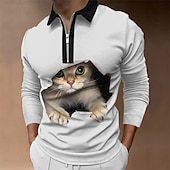 voordelige Polo met dierenprint voor heren-Voor heren Kat Poloshirts met rits Golfshirt Lange mouw Poloshirt Overhemden met kraag Casual Grappig Streetwear Vakantiekleding Feestoutfits 3D-afdrukken Polo met kwartrits Zwart blauw White + Gray