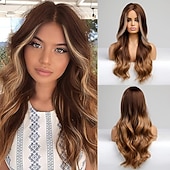 economico Parrucche trendy sintetiche-parrucca bionda lunga ombre per le donne 26 pollici parrucche ondulate bionde sintetiche parte centrale capelli resistenti al calore lunga parrucca bionda per abbigliamento da festa quotidiano