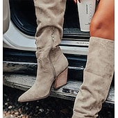 cheap Slouch Boots-Women&#039;s Taupe Suede Knee-High Western Boots with Block Heel, Stylish Pointed Toe Boots for Casual and Outdoor Wear