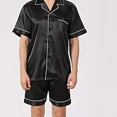 cheap Men&#039;s Pajamas-Men&#039;s Sleepwear Pajama Set Silk Pajama Pajama Top and Shorts 1 set Plain Fashion Comfort Home Bed Faux Silk Comfort Lapel Short Sleeve Shorts Button Spring Summer Black Blue
