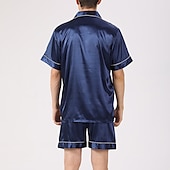 cheap Men&#039;s Pajamas-Men&#039;s Sleepwear Pajama Set Silk Pajama Pajama Top and Shorts 1 set Plain Fashion Comfort Home Bed Faux Silk Comfort Lapel Short Sleeve Shorts Button Spring Summer Black Blue