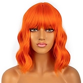 levne Syntetické trendy paruky-krátké bobové paruky s ofinou pro ženy volná vlnitá paruka kudrnatá vlnitá délka po ramena bob syntetická cosplay paruka pro dívky barevné kostýmní paruky