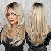 voordelige Synthetische trendy pruiken-lange 613 blonde pruik met pony rechte pruiken voor vrouwenhittebestendige gelaagde synthetische pruiken voor dagelijks gebruik