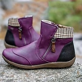 abordables Botines-Mujer Botas Tallas Grandes Exterior Diario Botines Botines Invierno Cremallera Tacón Plano Dedo redondo Vintage Casual Zapatos de Paseo Cuero PU Cremallera Plaid Bloque de color Negro Vino Morado