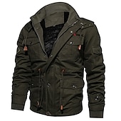 cheap Sport Jacket-Men&#039;s Winter Jacket Winter Coat Work Jacket Outdoor Street Windproof Warm Drawstring Winter Solid Colored Fashion Keep Warm Stand Collar Regular Cotton Fleece Black Army Green Khaki Jacket