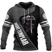 abordables Sweats à capuche pour hommes-Homme Graphic Chevaliers templiers Sweat à capuche Sweats à Capuche Sweat-shirt Sweat à capuche manche longue Sweat à capuche Capuche Design 3D effet Travail du quotidien Fin de semaine Blanc + gris