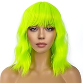 levne Syntetické trendy paruky-krátké bobové paruky s ofinou pro ženy volná vlnitá paruka kudrnatá vlnitá délka po ramena bob syntetická cosplay paruka pro dívky barevné kostýmní paruky