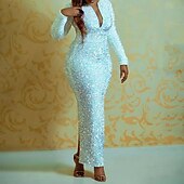 abordables BLANC-Robe de soirée Sirène Robe Éclat  Brillance Formelle Invitée de mariage Longueur aux chevilles Manches longues Col en V Sequins avec fente en sequins Robe de masque 2025