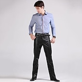 cheap Casual Pants-Men's Dress Pants Winter Pants Trousers Faux Leather Shorts Pocket Straight Leg Solid Colored Comfort Warm Wedding Office Business Faux Leather Streetwear Casual Black Micro-elastic