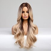 economico Parrucche trendy sintetiche-parrucca bionda lunga ombre per le donne 26 pollici parrucche ondulate bionde sintetiche parte centrale capelli resistenti al calore lunga parrucca bionda per abbigliamento da festa quotidiano