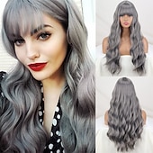 baratos Perucas de festa-Peruca Longa Ondulada Vermelha com Franja Peruca Sintética Longo Cabelo Vermelho para Mulheres Vermelho Vinho Cacheado Fantasia Peruca Borgonha para Uso em Festas Dia a Dia Perucas de Halloween