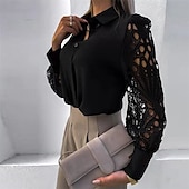 baratos Tops elegantes-Mulheres Camisa Social Camisa de renda Blusa Topo de ilhó Cor Sólida / Simples Elegante Moda Diário Colarinho de Camisa Escritório Rua Para Noite Patchwork Buraco Preto Branco Primavera &amp; Outono