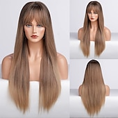 cheap Synthetic Trendy Wigs-Long Auburn Wig with Bangs Layered Curly Orange Wigs for Women Natural Synthetic Wigs for Daily Use