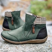 abordables Botines-Mujer Botas Tallas Grandes Exterior Diario Botines Botines Invierno Cremallera Tacón Plano Dedo redondo Vintage Casual Zapatos de Paseo Cuero PU Cremallera Plaid Bloque de color Negro Vino Morado