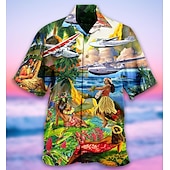 preiswerte Retro Vintage Druck-Herren Flugzeug Hula-Mädchen Hemd Sommer Hawaiihemd Alohahemd Kurzarm Hemd Umlegekragen Tropisch Mode Hawaiianisch Lässig Hawaiianisch Ferien Blau S M L