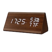 cheap Radios and Clocks-Wooden Digital Alarm Clock with Wooden Electronic LED Time Display 3 Alarm Settings Humidity Temperature Detect Wood Made Electric Clocks for Bedroom