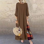 abordables Vestidos Florales Impresos-Mujer Amarillo Rojo Azul Marino Verano Primavera Otoño Vestido largo maxi Vestido bohemio Vestido informal Vestido de lino de algodón Bohemia Moda Casual Diario Exterior Noche Holgado Cuello Barco
