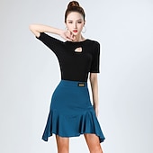 cheap Tops &amp; Sets-Latin Dance Skirts Ruching Hollow-out Pure Color Women's Performance Training Half Sleeve High Polyester