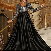 abordables Robes de fête-Robe de soirée formelle scintillante en forme de A, rouge et vert, col en V, manches longues, traîne avec paillettes 2025
