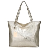 baratos Malas com Alça-bolsa tote feminina prateada com relevo de crocodilo | bolsa de ombro de couro sintético de grande capacidade para uso diário e no escritório – elegante e versátil