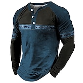 billige Etnisk stil-Herre Grafisk Fargeblokk Bohemsk Henly-skjorte T-skjorter Langermet 3D-utskrift Mote Designer Bekvem utendørs Avslappet Daglig Vår &amp; Vinter Blå Rød Brun Grønn Henley Henley T-skjorte