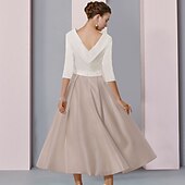 cheap Floor Length-A-Line Mother of the Bride Dress Wedding Guest Elegant Scoop Neck Tea Length Satin Half Sleeve with Pleats Crystal Brooch Color Block Race Day Dress free custom size
