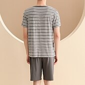 baratos Pijamas-Homens Loungewear Conjunto de Pijama Top e shorts de pijama 1conjunto Listra à moda Casual Casa Diário De Cama Algodão Respirável Macio Gola Redonda Manga Curta Camiseta Calção Cintura elástica