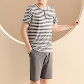 baratos Pijamas-Homens Loungewear Conjunto de Pijama Top e shorts de pijama 1conjunto Listra à moda Casual Casa Diário De Cama Algodão Respirável Macio Gola Redonda Manga Curta Camiseta Calção Cintura elástica