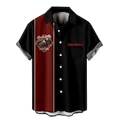 voordelige Heren Bowling Shirt-Voor heren Automatisch Gestreept Overhemd Bowlingshirt Overhemd met knopen Korte mouw Vintage Tropisch Modieus Buiten Strand Zomer Lente Strijkijzer Afdrukken Button-omlaag Zwart En Rood Zwart Rood