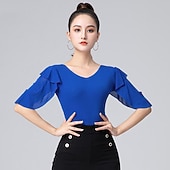 preiswerte Oberteile &amp; Sets-Latein-Tanz Sportkleidung Gymnastikanzug / Einteiler Rüschen Horizontal gerüscht Pure Farbe Damen Leistung Ausbildung Halbe Ärmel Hoch Polyester