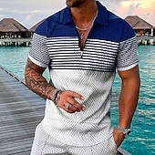 cheap Men&#039;s Hawaiian Polo-Men&#039;s Striped Hawaiian Polo Shirts Golf Shirt Short Sleeve Polo Shirts Collared Shirts Casual Beach Wear Vacation Wear Party Outfits 3D Print Quarter Zip Polo Black-White Black Army Green