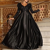 abordables Robes de fête-Robe de soirée formelle scintillante en forme de A, rouge et vert, col en V, manches longues, traîne avec paillettes 2025