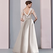 cheap Floor Length-A-Line Mother of the Bride Dress Wedding Guest Elegant Scoop Neck Floor Length Satin Lace Half Sleeve with Bow(s) Appliques Split Front free custom size