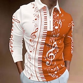 baratos Polo de música masculino-Festival de Música Homens Música Camisas Polo com zíper Camisa de golfe Manga Longa Camisas polo Camisas de colarinho Casual Roupas de férias Roupas para festivais Trajes de festa Impressão 3D Polo