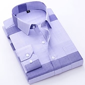 preiswerte Bügelfreie Herrenhemden-Herren Oberhemd Bügelfreies Hemd Kariert / Gestreift / Chevron Hochzeit Urlaub Blau Staubiges Blau Purpur Grau Langarm Umlegekragen Frühling &amp; Herbst Bekleidung Schnalle