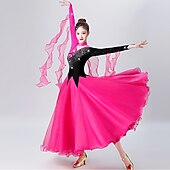 cheap Competition Wear-Ballroom Dance Dress Embroidery Splicing Crystals / Rhinestones Women&#039;s Performance Training Long Sleeve Spandex Organza