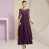 levne Délka podlahy-Šaty matky nevěsty svatební hosté elegantní jednoduchý šperkový výstřih kotníková délka chiffon krajka 3/4 délka rukáv s záhyby flitry zdarma na zakázku