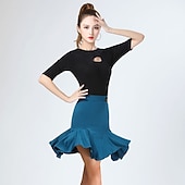 cheap Tops &amp; Sets-Latin Dance Skirts Ruching Hollow-out Pure Color Women's Performance Training Half Sleeve High Polyester