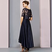 abordables Longueur du thé-Robe mère de la mariée en A invité de mariage élégante haut-bas col arrondi asymétrique longueur thé satin dentelle manches courtes avec nœud(s) plis appliqués 2025 taille personnalisée gratuite