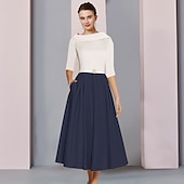 cheap Floor Length-A-Line Mother of the Bride Dress Wedding Guest Elegant Scoop Neck Tea Length Satin Half Sleeve with Pleats Crystal Brooch Color Block Race Day Dress free custom size