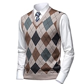baratos colete de camisolas masculinas-Homens Suéter Colete de moletom Suéteres sociais masculinos Pulôver Estriado Tricotar Tricotado Xadrez Decote V à moda Casual Roupa Diária Férias Roupa Primavera &amp; Outono Camelo Vinho M L XL