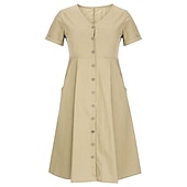 preiswerte Kleider-Damen Schwarz Weiß Armeegrün Sommer Frühling Herbst Maxikleid Leinen-inspirierte Kleider Freizeitkleid Baumwoll-Leinenkleid Elegant Basic Klassisch Outdoor Urlaub Täglich Normale Passform Einfarbig V